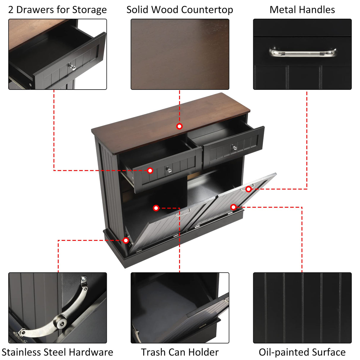 KIGOTY Double Tilt Out Trash Cabinet, Pet Proof Trash Can Cabinet with Countertop and Drawer, Trash Cabinet with Storage,Wooden Laundry Hamper for Kitchen,Black KIGOTY