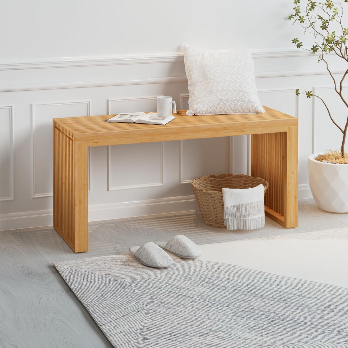 APRTAT Bamboo Dining Bench Indoor Long Bench Entryway Shoe Rack Bench,Outdoor Modern Wood Benches 35 Inch Bamboo Bench for Living Room Hallway Bedroom Bathroom Nature Long APRTAT