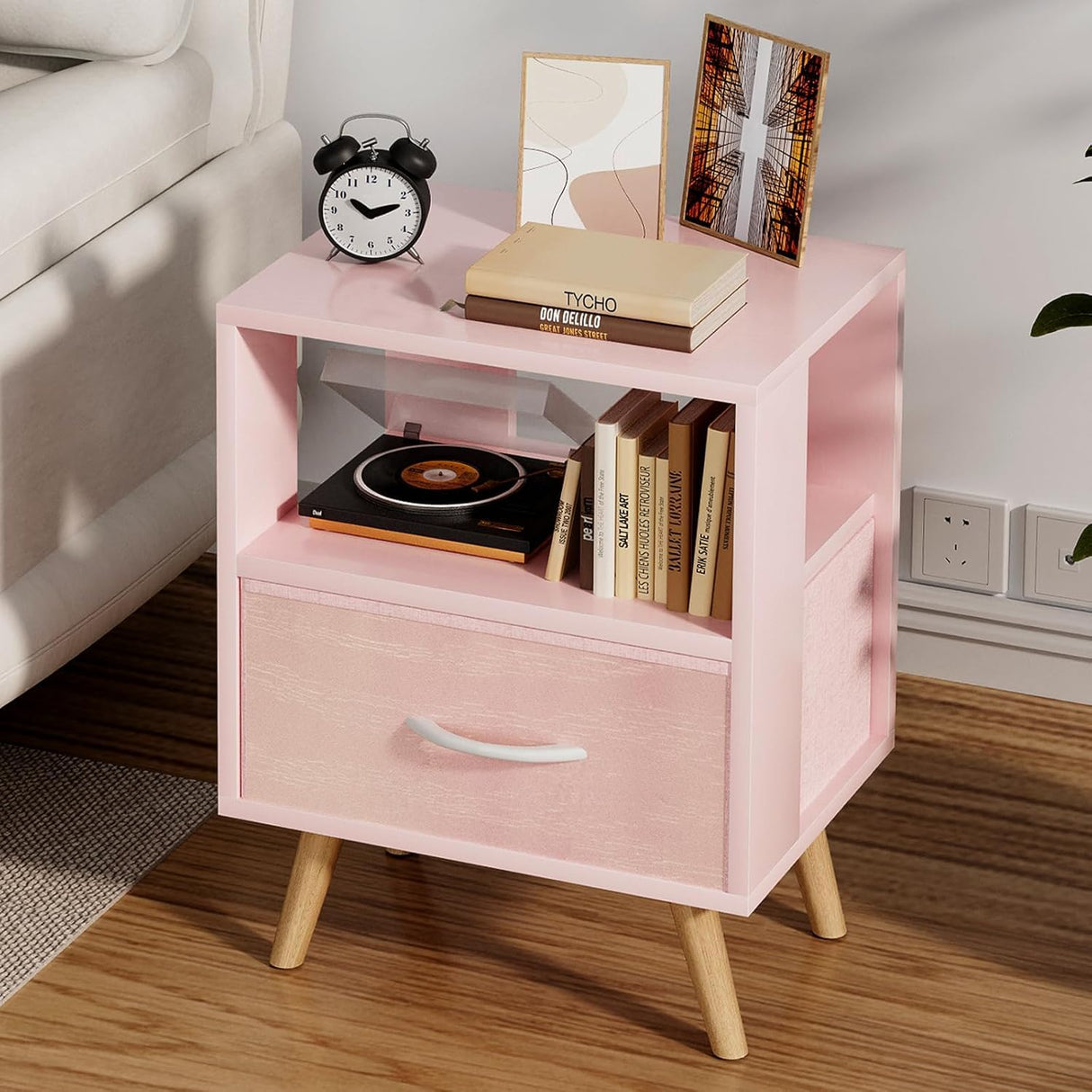 Aenuert Night Stand, Pink Kids Nightstand with Drawer, Nursery Side Table with Open Storage, 2-Tier Modern End Table, Bedside Table for Small Space, Living Room, Bedroom Aenuert