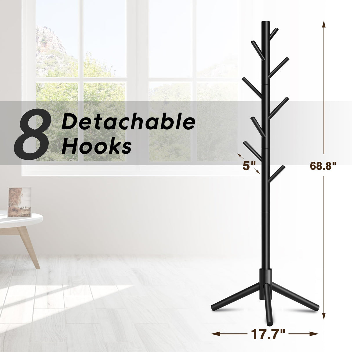 Azaeahom Wooden Coat Rack, Free Standing Coat Rack with 8 Hooks 3 Adjustable Heights for Clothes, Hats, Handbags, Coat Tree Easy Assembly for Entryway, Bedroom, Hallway, Office (New Black) Azaeahom