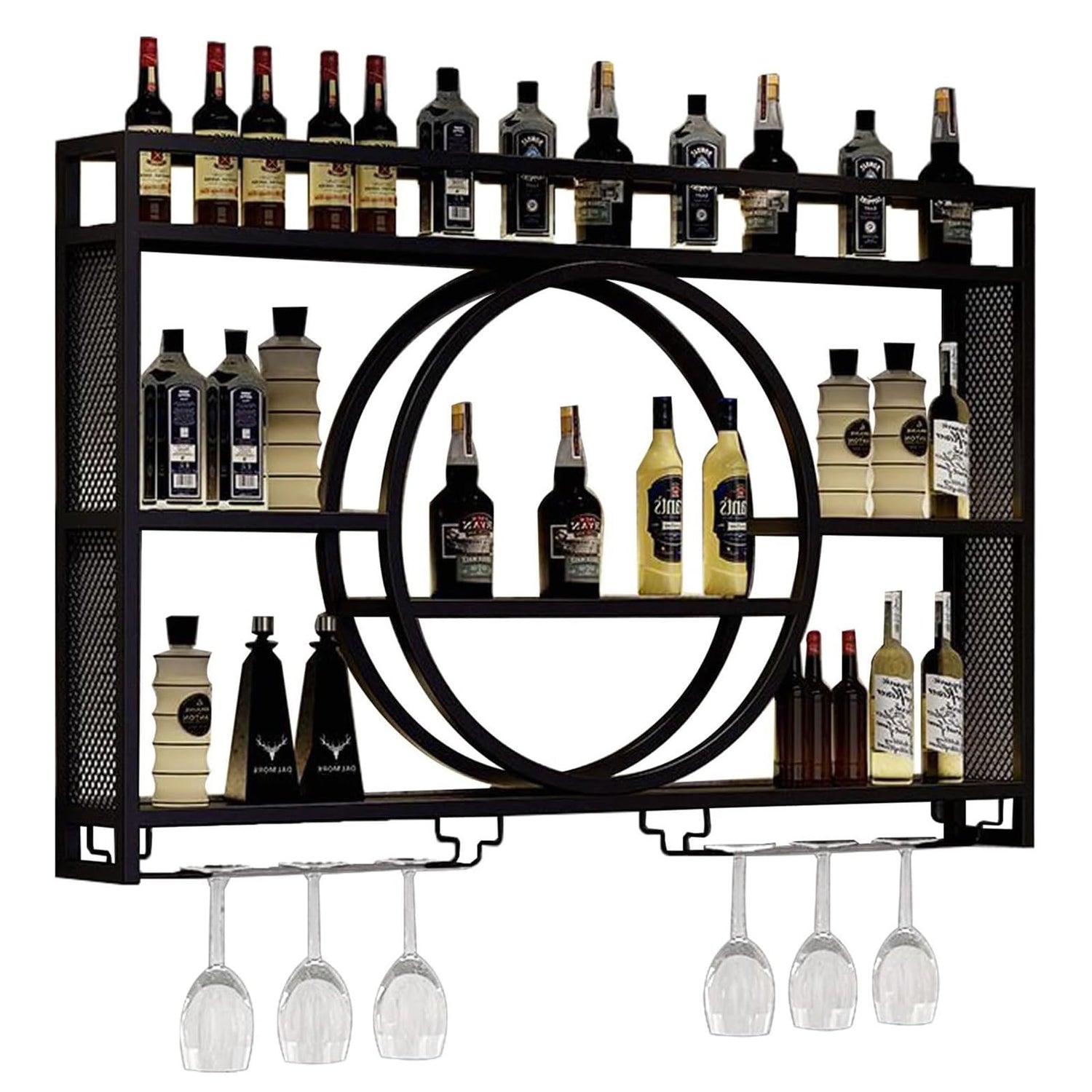 Modern Wine Storage Rack Wall Mounted With LED Light With Wine Glass Holder,Iron Bar Liquor Shelf,Floating Wall Wine Shelves,Bar Liquor Bottle Display Shelf For Kitchen Bar Decoration Gold/Black ( Col AKOGG