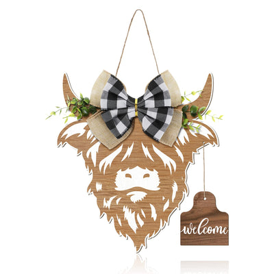 Weysat Highland Cow Decor Cow Head Wreath Sign Gifts Wooden Welcome Door Hanger for Front Door Porch Farmhouse Decor Indoor Outdoor(Wood Color)
