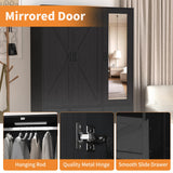 Hosnnile 72'' Armoire Wardrobe Closet with Mirror Door & Light, Farmhouse Bedroom Clothes Cabinet with 4 Doorrs + Hanging Rod + 2 Drawers, Wooden Wardrobe Cabinet with Adjustable Shelf for Bedroom Hosnnile