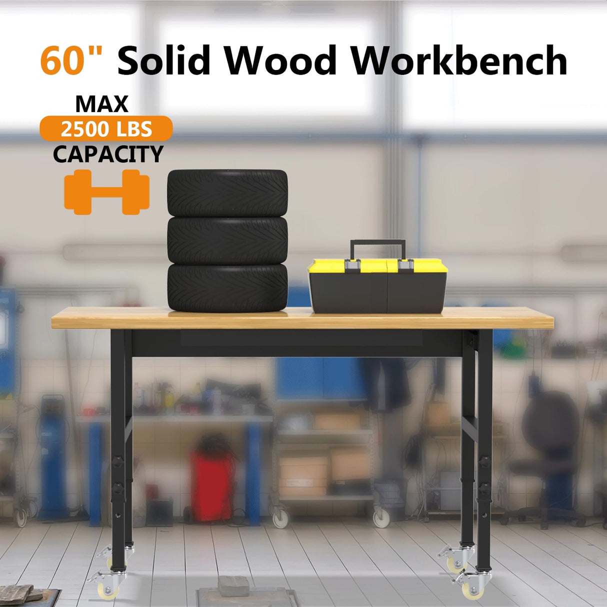 60" Heavy-Duty Adjustable Workbench, Rubber Wood Garage Workbench with Drawers, 2500 LBS Load Capacity Work Bench with Power Outlets and Wheels for Garage, Workshop, Office, Home Xalvora