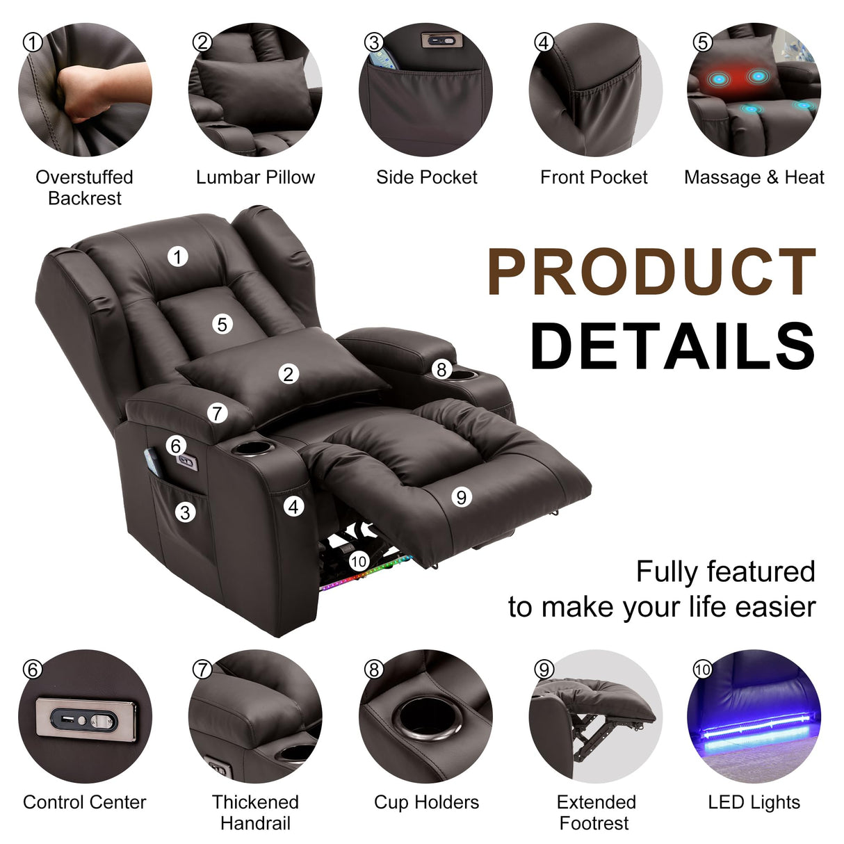 DRMBOOK Power Recliner Chair, Electric Wall Hugger Reclining Sofa with Massage & Heat, Overstuffed Modern Theater Seating with LED/USB Port/Cup Holders for Living Room (Leather Brown, 1 Chair) DRMBOOK