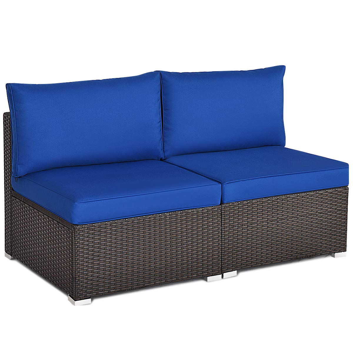 Tangkula 2 PCS Outdoor Wicker Armless Sofa, Patio Rattan Sectional Sofa Set w/2 Thick Seat Cushions and 2 Back Cushions, Additional Seats for Balcony Garden Patio Poolside (Navy Blue) Tangkula