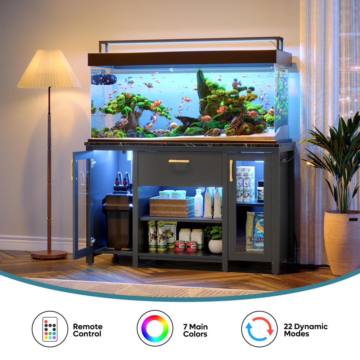 Bestier 55-75 Gallon Fish Tank Stand with Power Outlet & LED Light, 49.2"x13.8" Heavy-Duty Aquarium Stand with Storage, Dual Glass Cabinet, 8 Thicken Metal Legs, Suit for Reptile/Turtle Terrarium Bestier