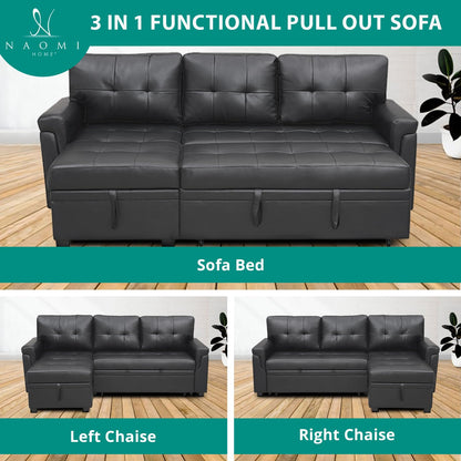 Naomi Home Jenny Sectional Sofa Sleeper with Storage Chaise, Tufted Pull Out Couch with Storage, Sectional Sofa Bed, L-Shaped Reversible Sleeper Sofa with Storage, Black,Air Leather