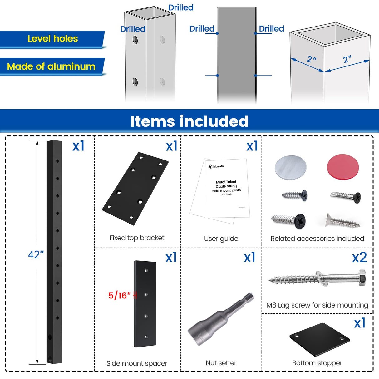 Muzata Aluminum Black Side Mount Cable Railing Post 36 Inch 36"X2"x2" Level Drilled Space-Saving Cable Railing System Kit Indoor Outdoor Seaside with Paper User Guide PW02 BHAS Muzata