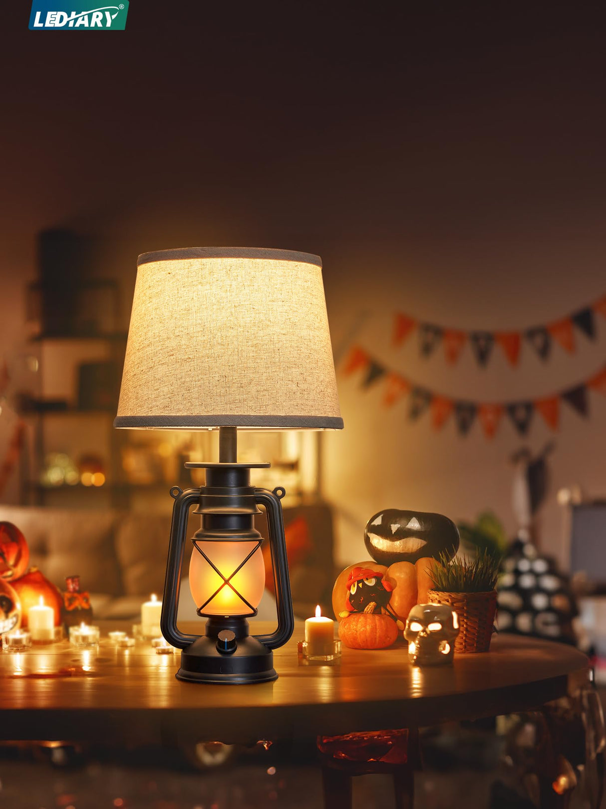 LEDIARY 18.72" Black LED Lantern Flickering Flame Table Lamps for Bedrooms Set of 2, Small Farmhouse Rustic End Table Lamps, Halloween Decorative Lantern Bedside Lamps for Living Room LEDIARY