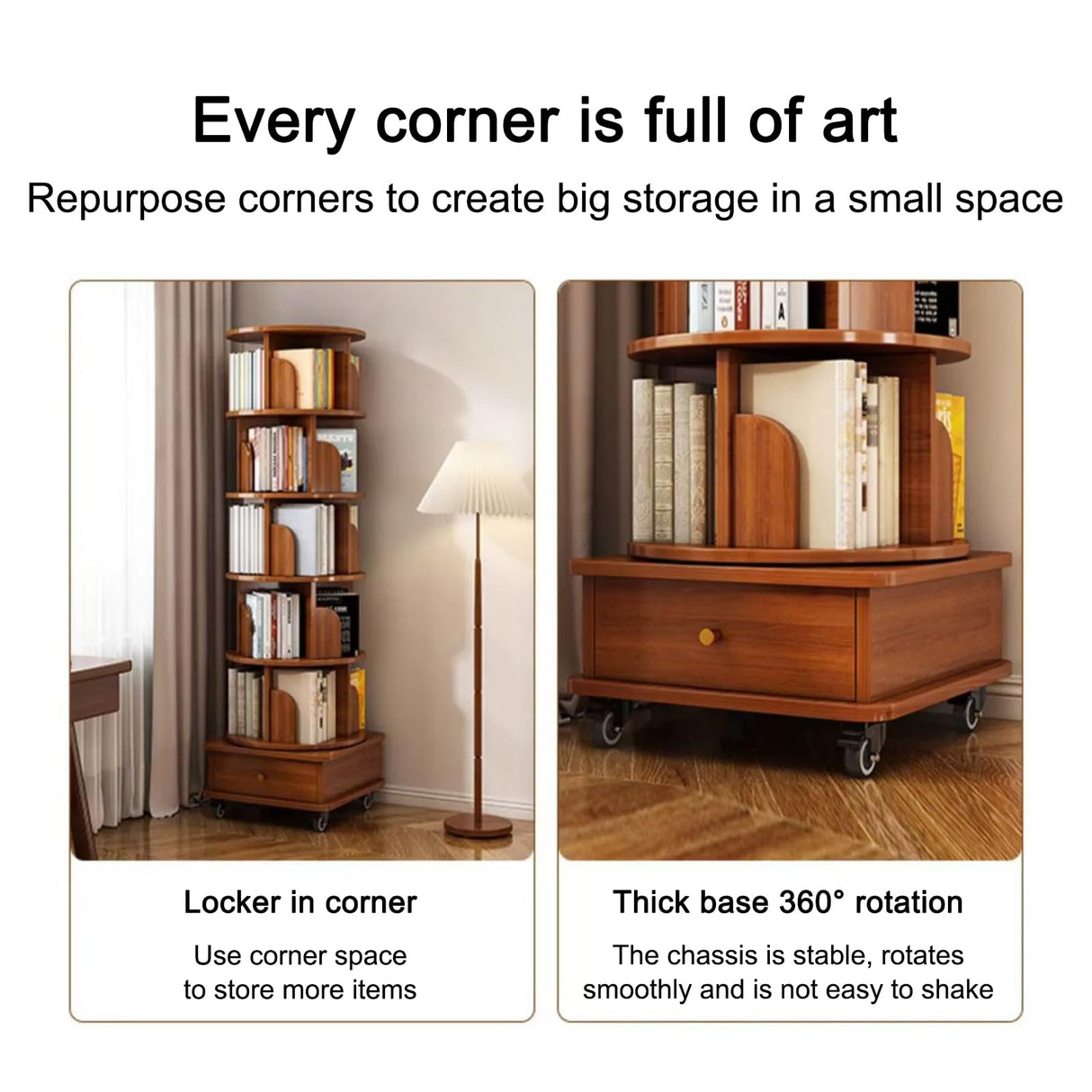 Elegant 360° Rotating Bookshelf with Storage - Compact Brown Design for Any Room LWQFHI