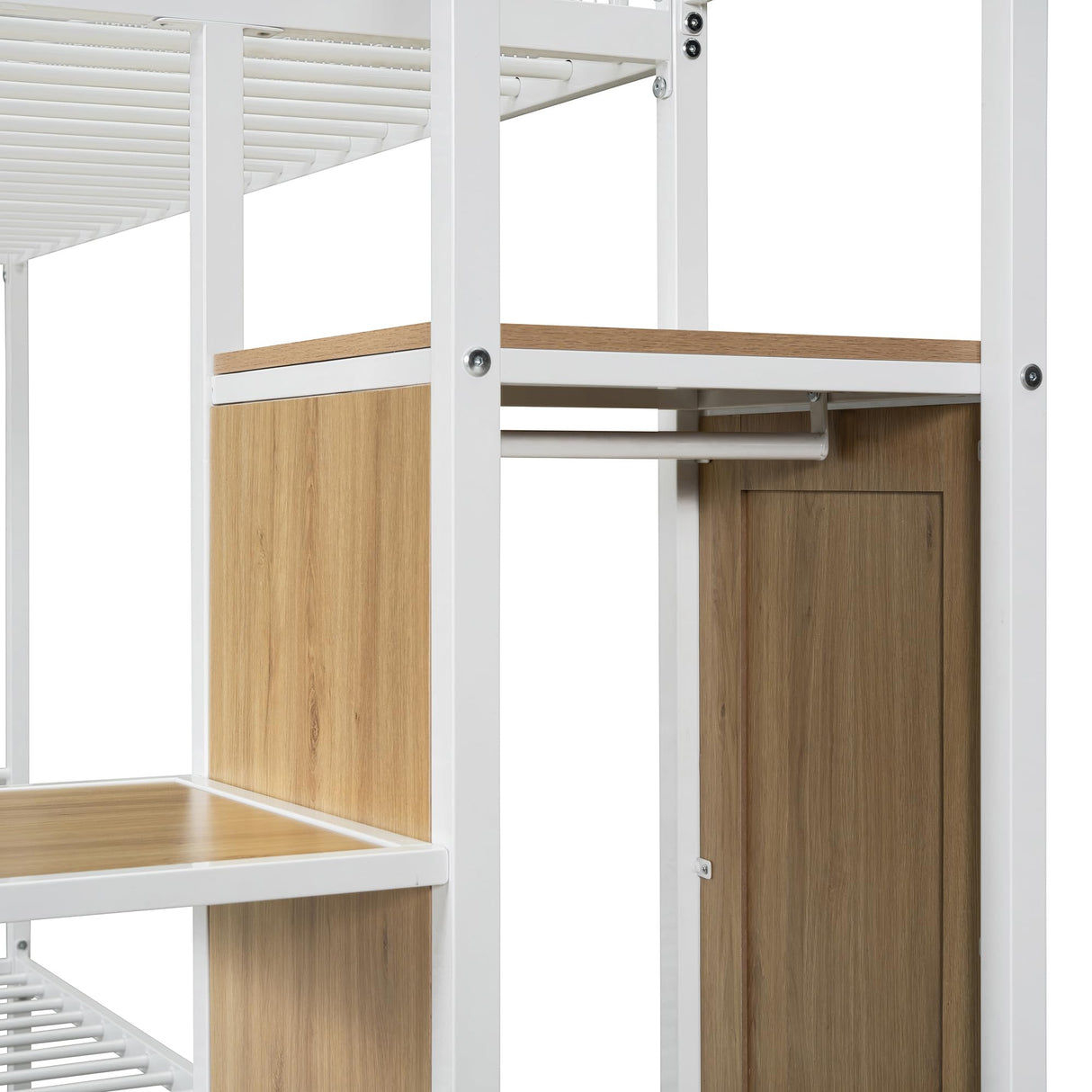 Twin Over Full Metal Bunk Bed with Trundle, Stairs, Wardrobe and Storage Shelves, Modern Style Heavy-Duty Steel Frame Bunk Bed with Safety Rail, for Bedroom, Dorm, White Bellemave