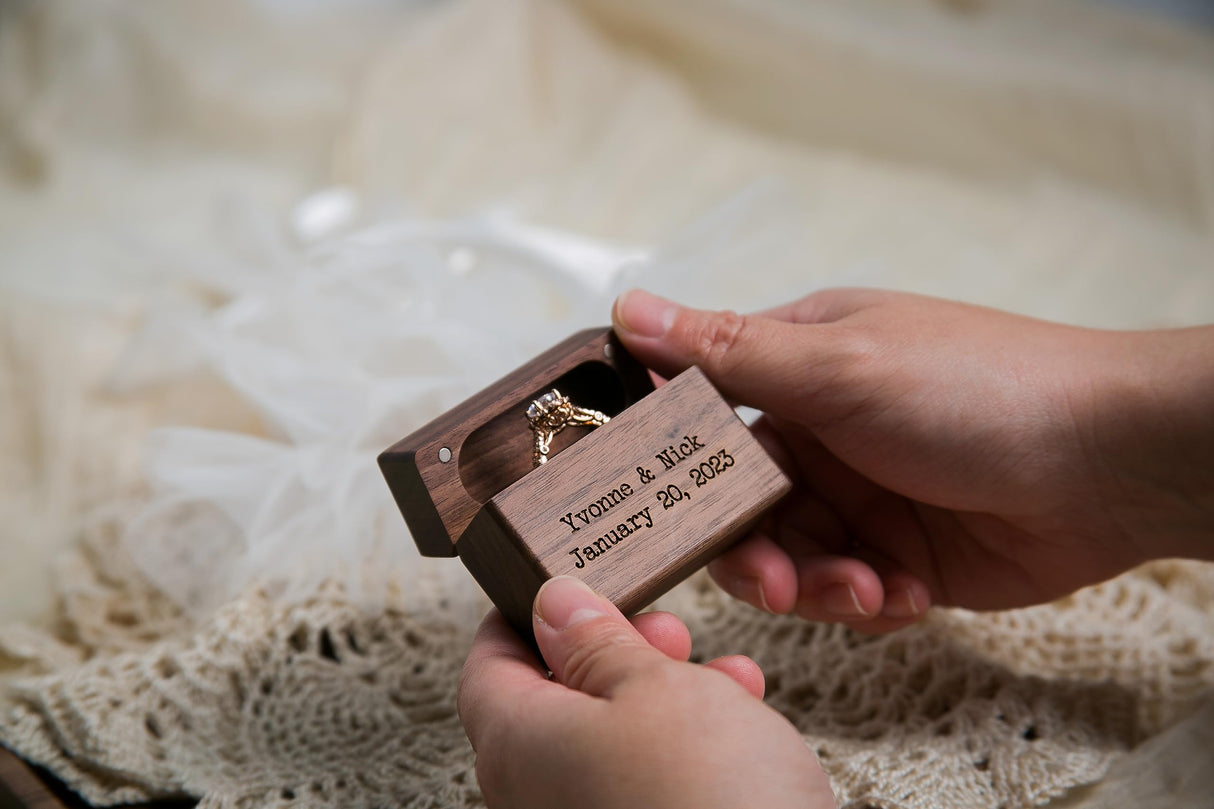 MUUJEE Custom Engraved Wood Flip Ring Box, 2.25 x 0.9 x 2 Inches Wooden Slim Ring Holder For Engagement Proposal, Weddings, Anniversaries, Birthday Gift Ideas MUUJEE