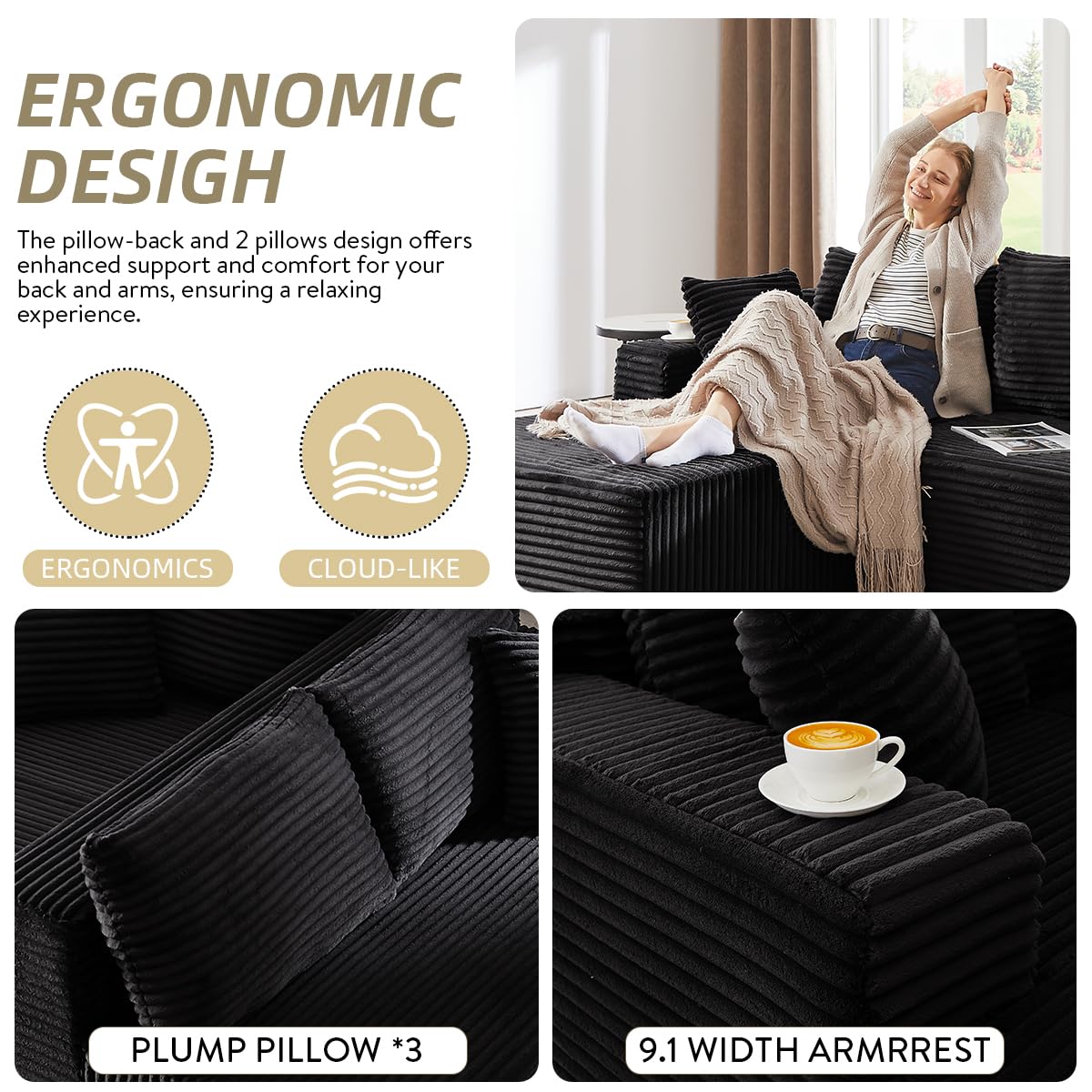 104 Inch Cloud Sectional Couch with L-Shape Chaise,Modern Upholstered Couches with Deep Seat,Corduroy Sponge Compressed Sofa for Living Room,No Assembly Required (Black) ZKJOLMN