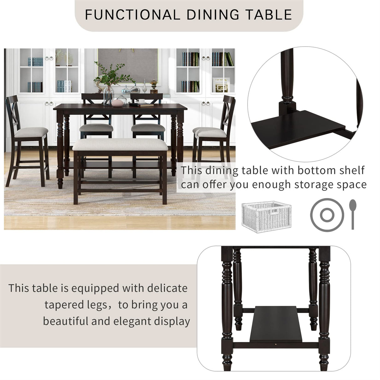 6-Piece Dining Table Set Wood Rectangular Couter Height Dining Table with 4 Chairs and a Bench Modern Dining Set for 6 People Ideal for Kitchen, Dinning Room and Bar Table, Espresso Bellemave