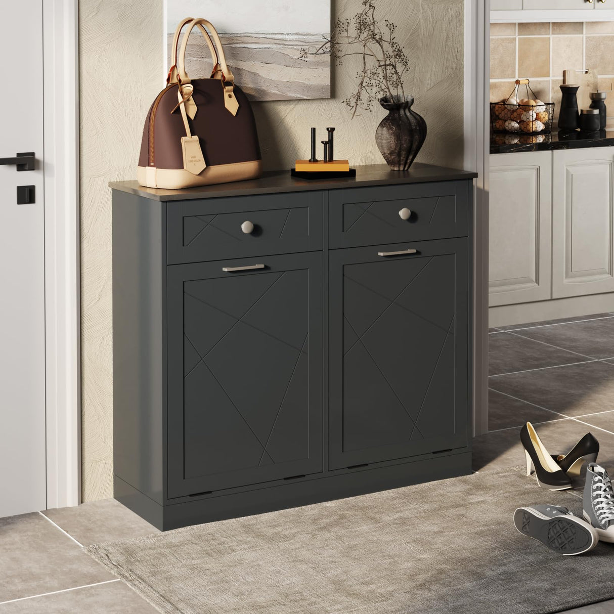 Trash Cabinet Double Tit Out Trash Bin, Dog Proof Hideaway Tilt Out Double Trash Can Holder with Two Drawers, Free Standing Recycling Cabinet for Kitchen Living Room White Double Door Black Halitaa