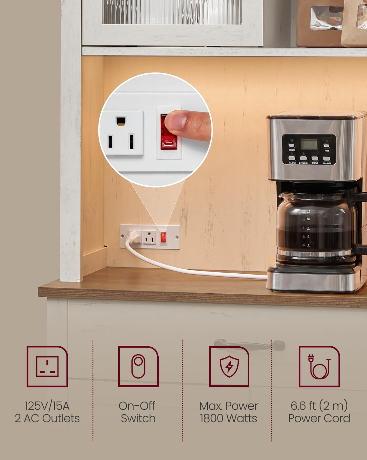 VASAGLE 71" Pantry Cabinet with Lights and Charging Station, Kitchen Pantry Cabinet with Doors and Drawer, Farmhouse Storage Cabinet, Coffee Bar Cabinet, Adjustable Shelves, Rustic White UBBK363W12 VASAGLE