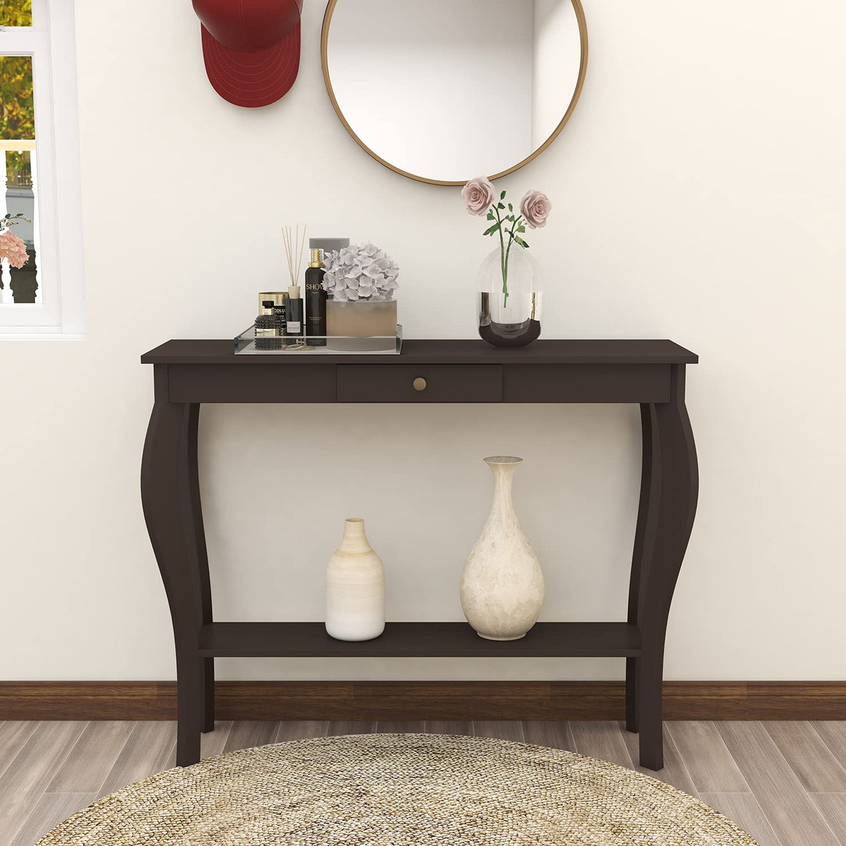 ChooChoo Narrow Console Table with Drawer, Chic Accent Sofa Entryway Table with Shelves for Entryway, Living Room, Hallway, Espresso ChooChoo