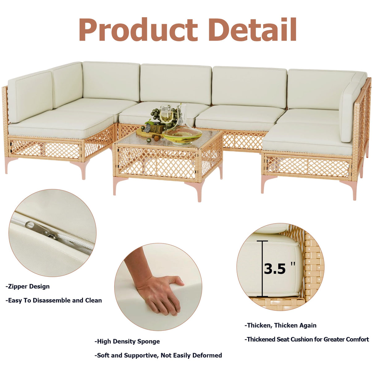 LYNSLIM 7 Piece Outdoor Patio Furniture Set, Wicker Outdoor Sectional Furniture Set, Boho Patio Conversation Sectional Sofa with Large Tempered Glass Coffee Table and Waterproof Cushion for Backyard LYNSLIM