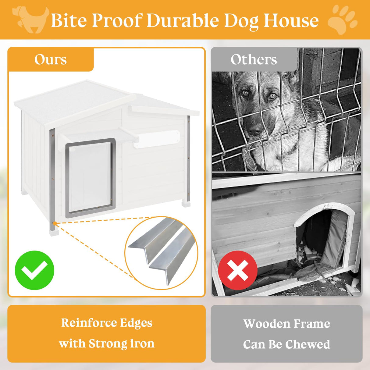 Gowoodhut Dog House Outdoor Weatherproof Large Wooden Dog Kennel Indoor with Chew-Proof Iron Frame, Removable Floor, and Adjustable Window for Large and Medium Dogs (Grey, 34" D x 22" W x 26.5" H) Gowoodhut
