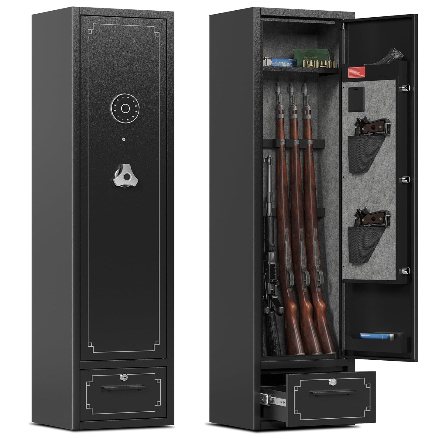 SAPITAL 6 Gun Safe,Gun Safe for Rifles and Pistols,Gun Cabinet for Rifles and Shotguns with Drawer,Electronic Rifle Safe,Gun Safes & Cabinets with LED Light, Removable Shelf and Gun Rack (6-g - WoodArtSupply