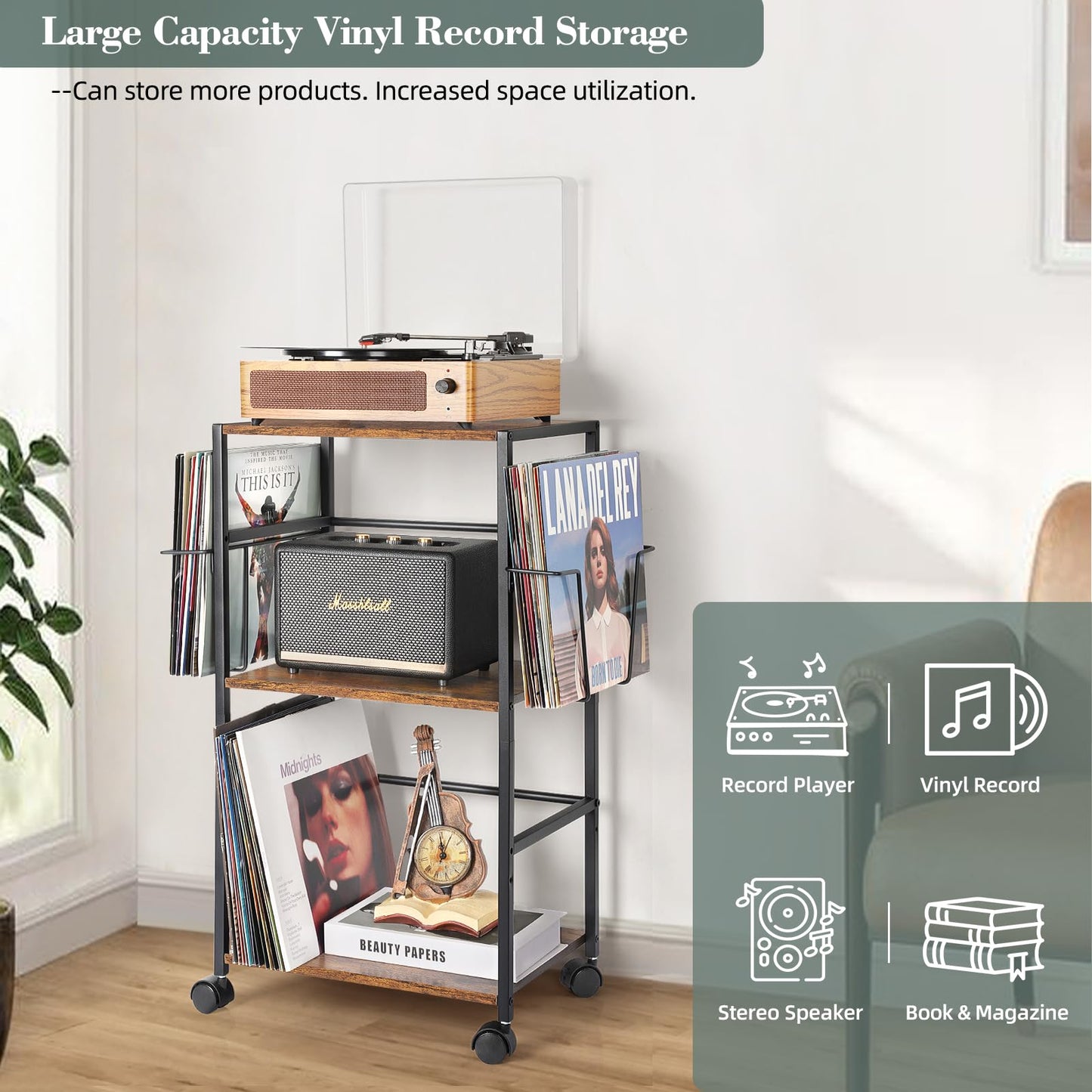 Record Player Stand, Side Table with Vinyl Record Storage Vinyl Wall Mount Record Player Table Up to 150 Albums Record Holder for Vinyl Storage, Turntable Stand with Vinyl Display Record Wall Display