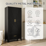 XIOMIOHTRQ Metal Wardrobe Cabinet, 71" Tall Armoire Wardrobe Closet with Drawer, Farmhouse Clothing Storage Cabinet for Bedroom, Laundry (Black, 1 Drawer) XIOMIOHTRQ