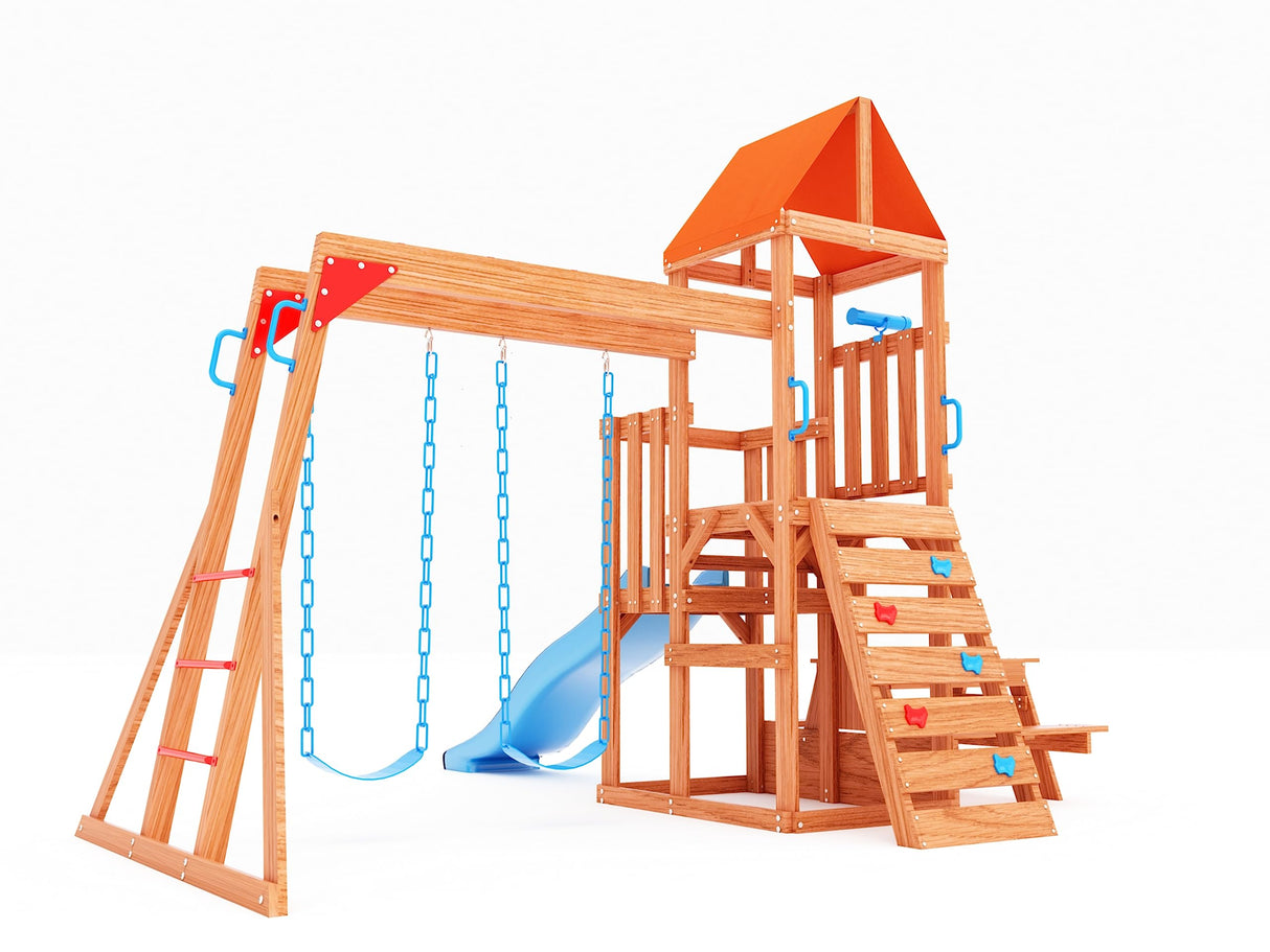 Dolphin Playground Cedar Wooden Swing Sets for Backyard, Outdoor Playset for Kids with Monkey Bar, 2 in 1 Outdoor Table, Wave Slide, Climbing Wall, and 2 Belt Swings, Playground Sets for Backyards DOLPHIN PLAYGROUND T