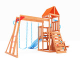 Dolphin Playground Cedar Wooden Swing Sets for Backyard, Outdoor Playset for Kids with Monkey Bar, 2 in 1 Outdoor Table, Wave Slide, Climbing Wall, and 2 Belt Swings, Playground Sets for Backyards DOLPHIN PLAYGROUND T