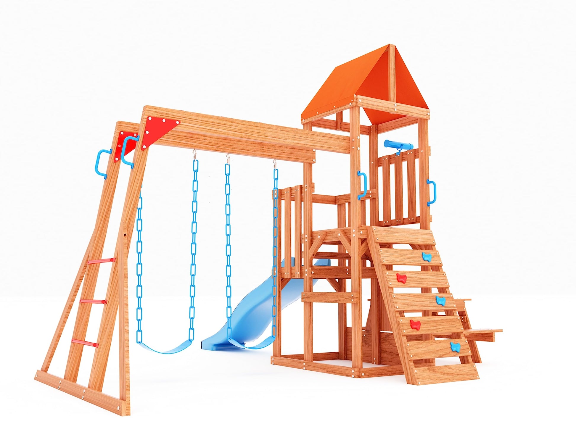 Dolphin Playground Cedar Wooden Swing Sets for Backyard, Outdoor Playset for Kids with Monkey Bar, 2 in 1 Outdoor Table, Wave Slide, Climbing Wall, and 2 Belt Swings, Playground Sets for Back - WoodArtSupply