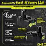 TenHutt 【Upgrade】 2 Packs 6.0Ah Lithium Replacement Battery for Ryobi 18V ONE+ Cordless Power Tool P108(130429054) Compatible with P102 P103 P104 P105 P107 P108 Lithium Battery TenHutt