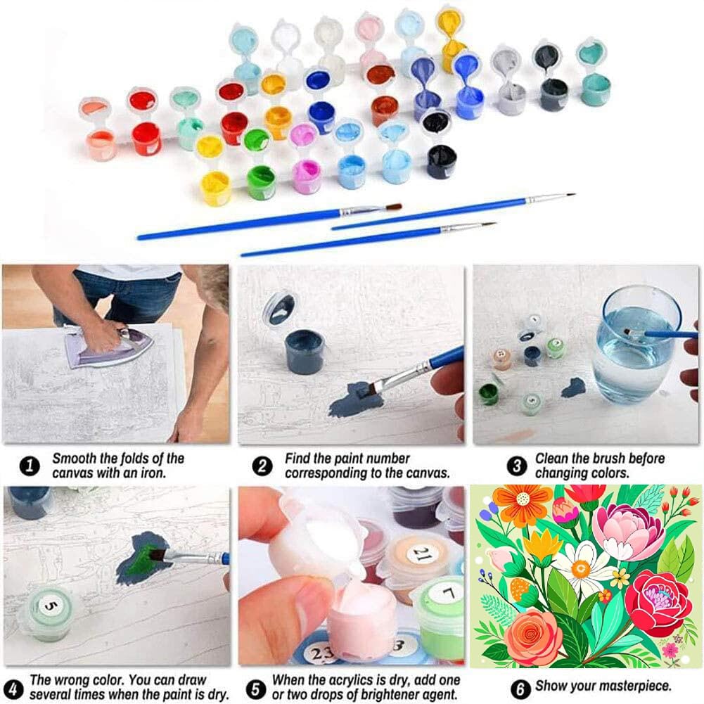 4 Pack Paint by Number for Adults, Easy Flowers Paint by Numbers Kits for Beginners with Paints Brushes, DIY Flowers Acrylic Paint Set Arts and Crafts for Home Decor 8×8 Inch Mrnsiet