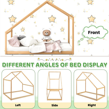 Merax Kids Twin Bed Frame with Rooftop, Montessori Wooden House Design, Sturdy and Easy to Assemble - WoodArtSupply