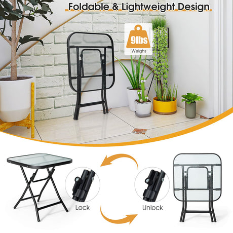 Giantex Folding Side Table, Square Small Patio Table, Tempered Glass Tabletop, Steel Frame, Weather-Resistant Outdoor Indoor Use for Bistro Porch Garden Balcony 18"x18"x18.5" Giantex