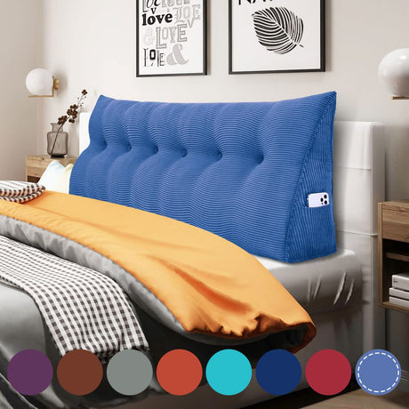 WOWMAX Triangular Reading Pillow Large Bolster Headboard Backrest Positioning Support Wedge Pillow for Day Bed Bunk Bed with Removable Cover, Corduroy Jean Blue California King WOWMAX