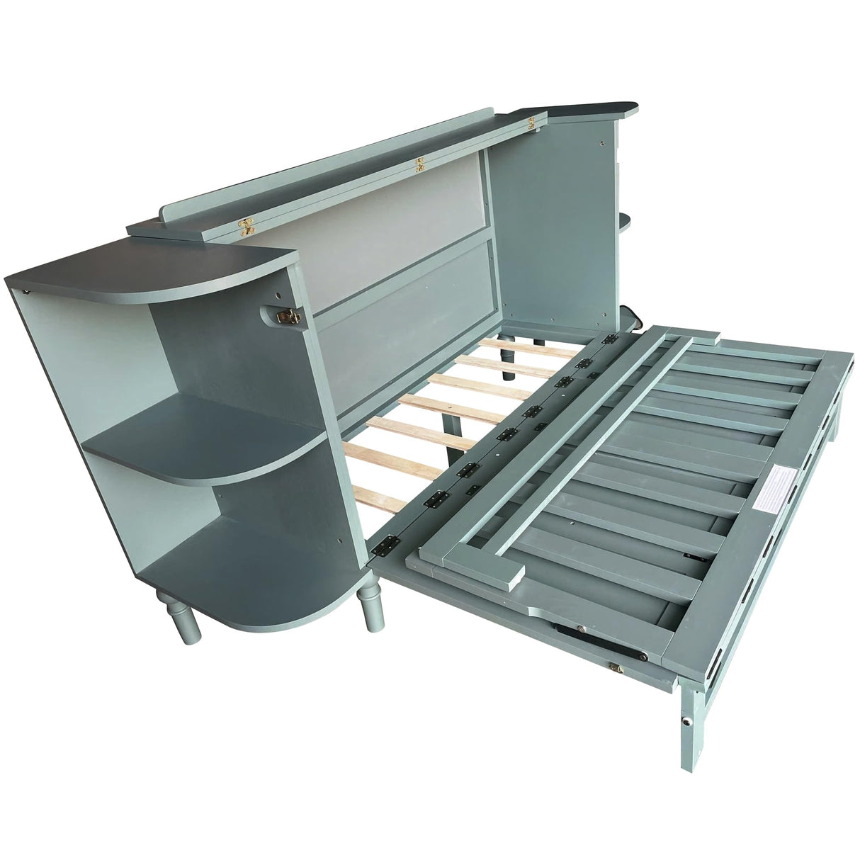 VilroCaz Farmhouse Queen Size Murphy Bed Chest Cube Cabinet Bed with Charging Station and 2 Open Shelves, Solid Wood Folding Platform Bed for Home Office Guest Room Small Room (Venus Teal, Queen) VilroCaz