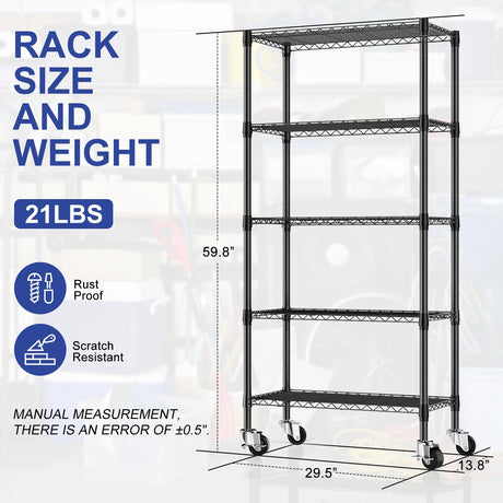 Homtell 5 Tier Shelving Unit Wire Rack, Heavy Duty Adjustable Shelf Rolling Storage Shelves with Wheels, 14" D x 30" W x 60" H 750 lbs Capacity Kitchen Garage Pantry Shelves for Small Spaces Homtell