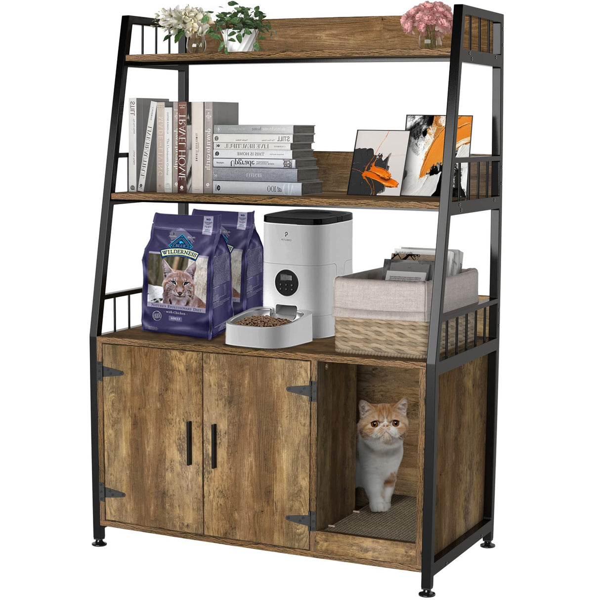 GDLF Large Hidden Cat Litter Box Enclosure Furniture with Shelf Wood Sturdy Cat Washroom Storage with Scratch, Light Brown GDLF