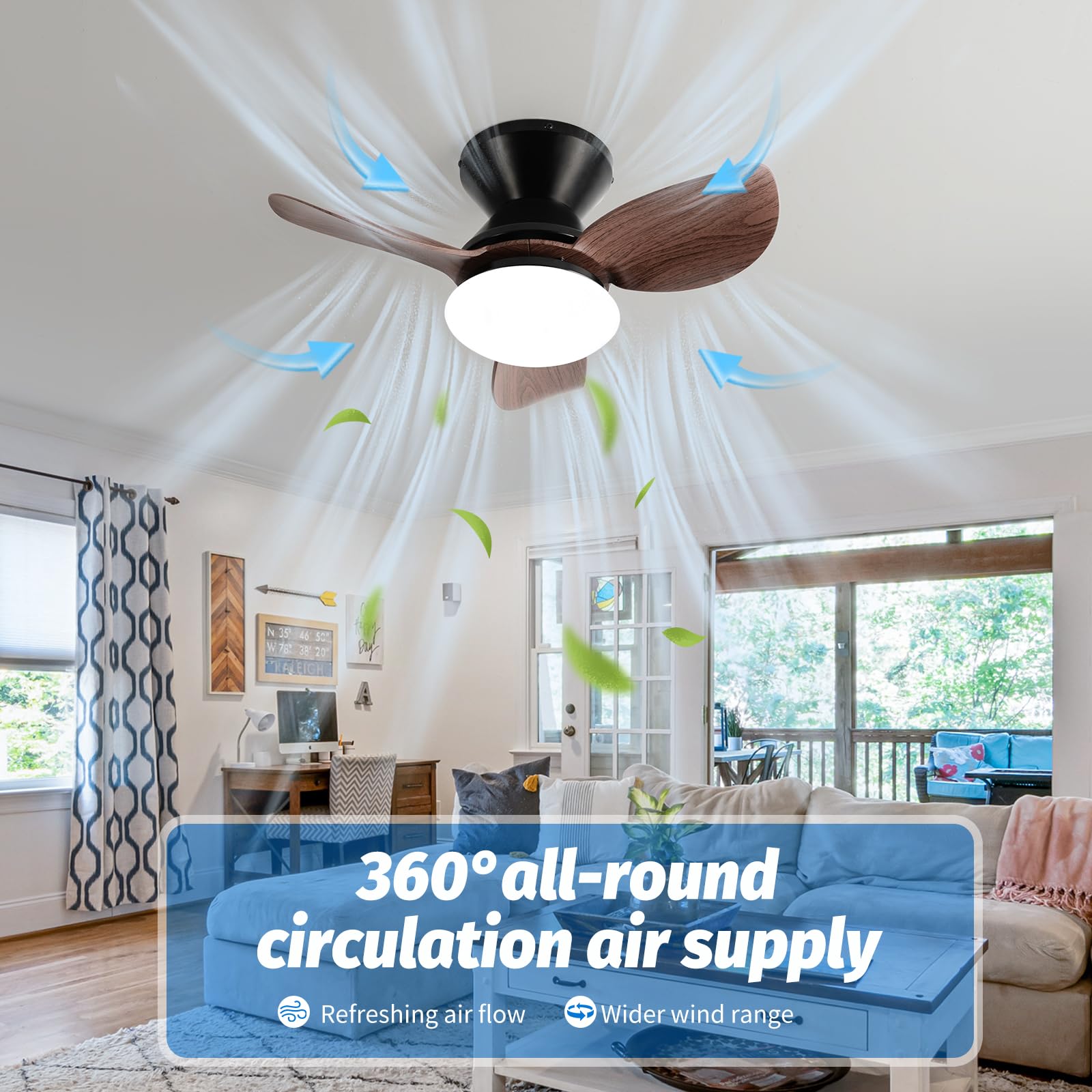 Spxtioplp Low Profile Ceiling Fans with Light and Remote(Beeps Can Be Disabled),20" Small Flush Mount Ceiling Fan with Lights,Dimmable,6 Wind Speeds,Reversible Airflow,Black+Wood - WoodArtSupply