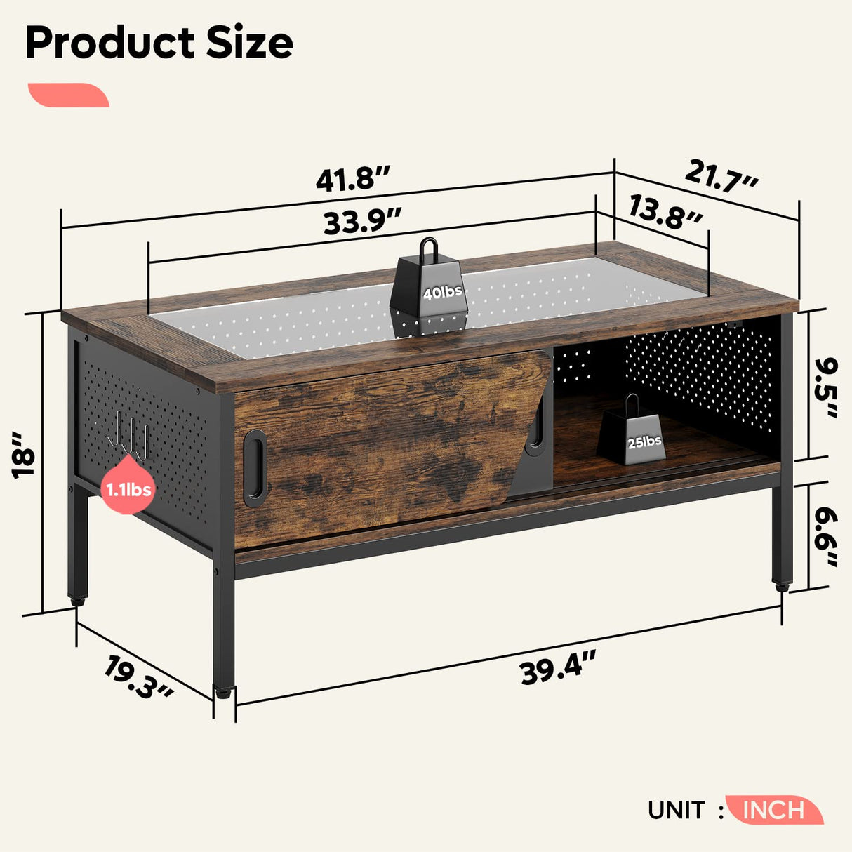 Bestier LED Coffee Table with Storage Glass Coffee Tables for Living Room with Sliding Doors, 42 Inch Rustic Brown Living Room Center Table Bestier