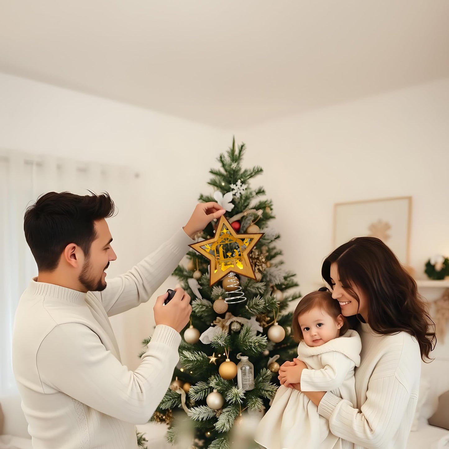 OurWarm Christmas Tree Topper Star Lighted, Wooden Star Tree Toppers Christmas Decorations, Christmas Tree Star Topper with Lights, Rustic Tree Topper for Small Nativity Scene Indoor Christmas Decor