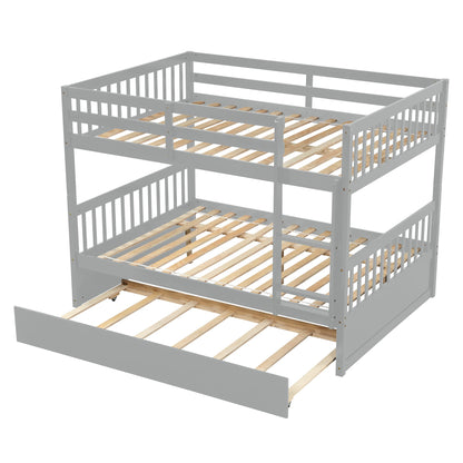 UOCFYK Full Over Full Wood Bunk Bed with Trundle for Kids Boys Girls,Solid Wood Bedframe w/Ladder & Safety Guardrails, Convertible into Twin Size Beds,No Box Spring Needed, Grey