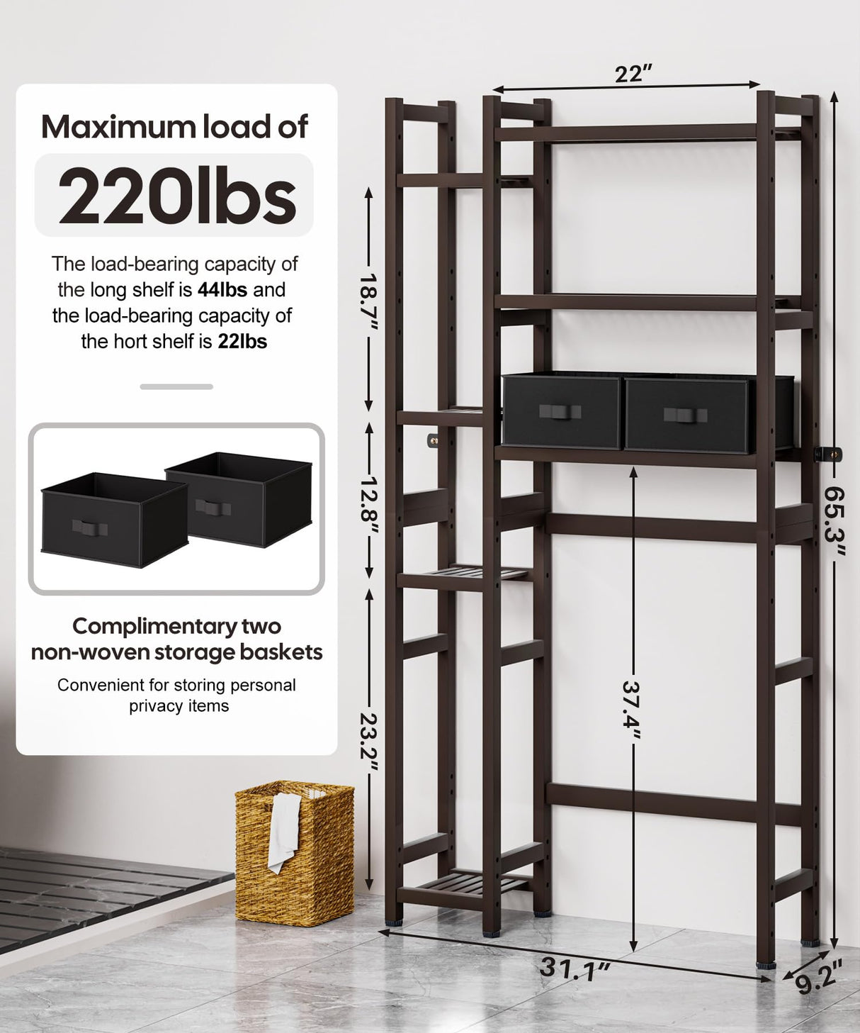 Homde Over The Toilet Storage with Basket and Drawer, Bamboo Bathroom Organizer with Adjustable Shelf & Waterproof Feet Pad, Space Saver Rack for Restroom, Laundry, Brown Homde