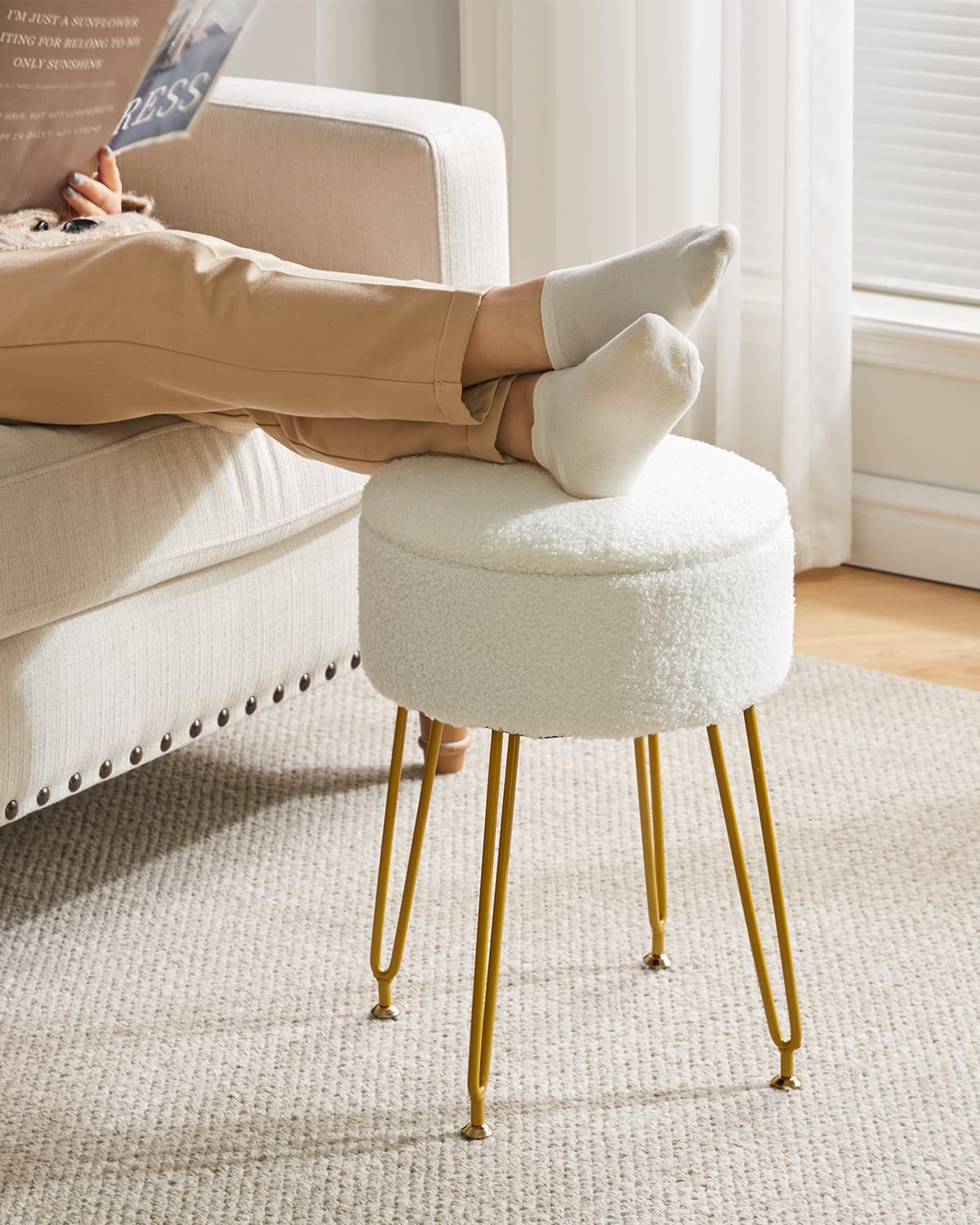 IBUYKE Teddy Velvet Storage Footrest Stool Ottoman, Makeup Vanity Stool Side Table with Removable Cover, Golden Steel Legs, Coffee Table Top Cover, White WBD010W IBUYKE