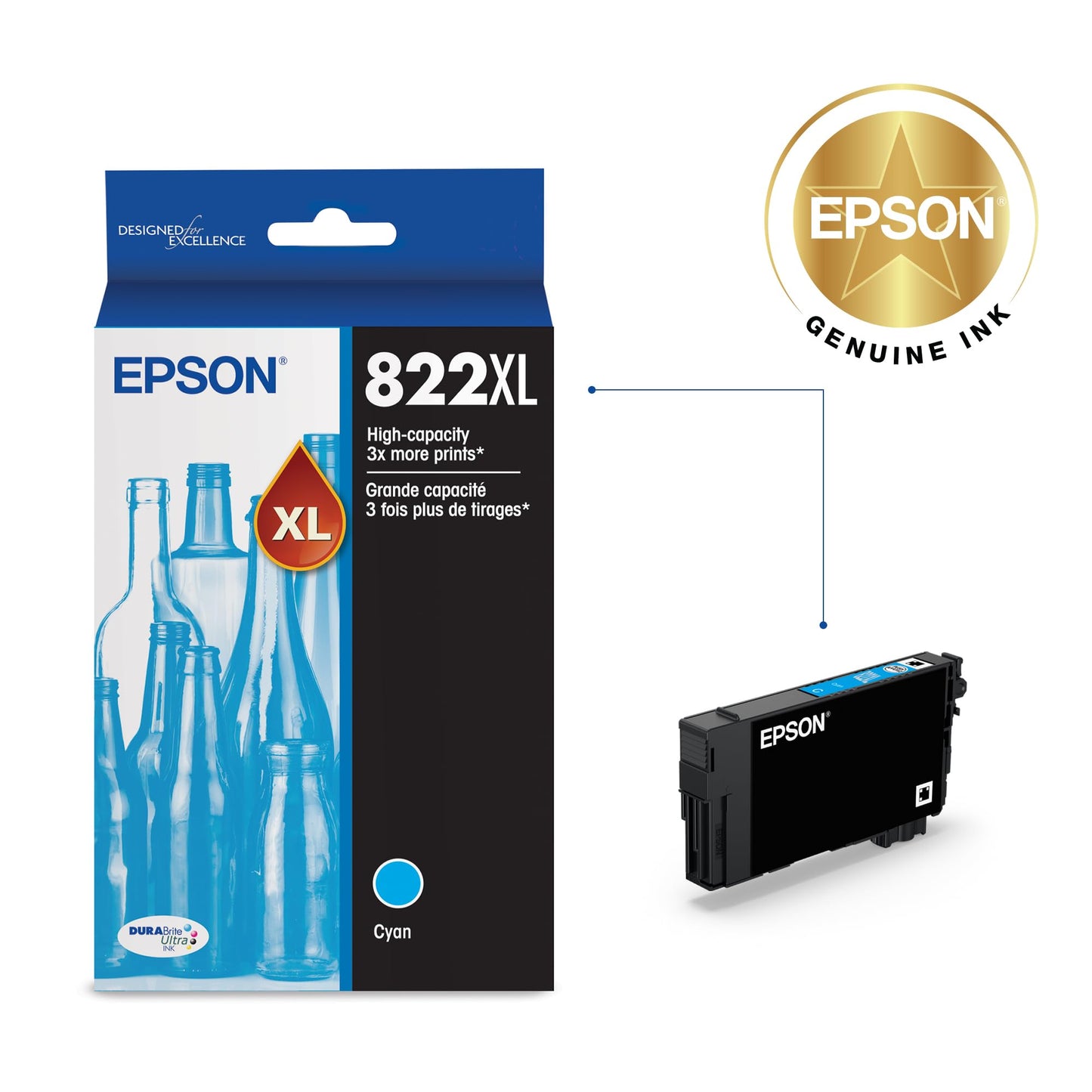 EPSON 822 DURABrite Ultra Ink High Capacity Cyan Cartridge (T822XL220-S) Works with WorkForce Pro WF-3820, WF-3823, WF-4820, WF-4830, WF-4833, WF-4834