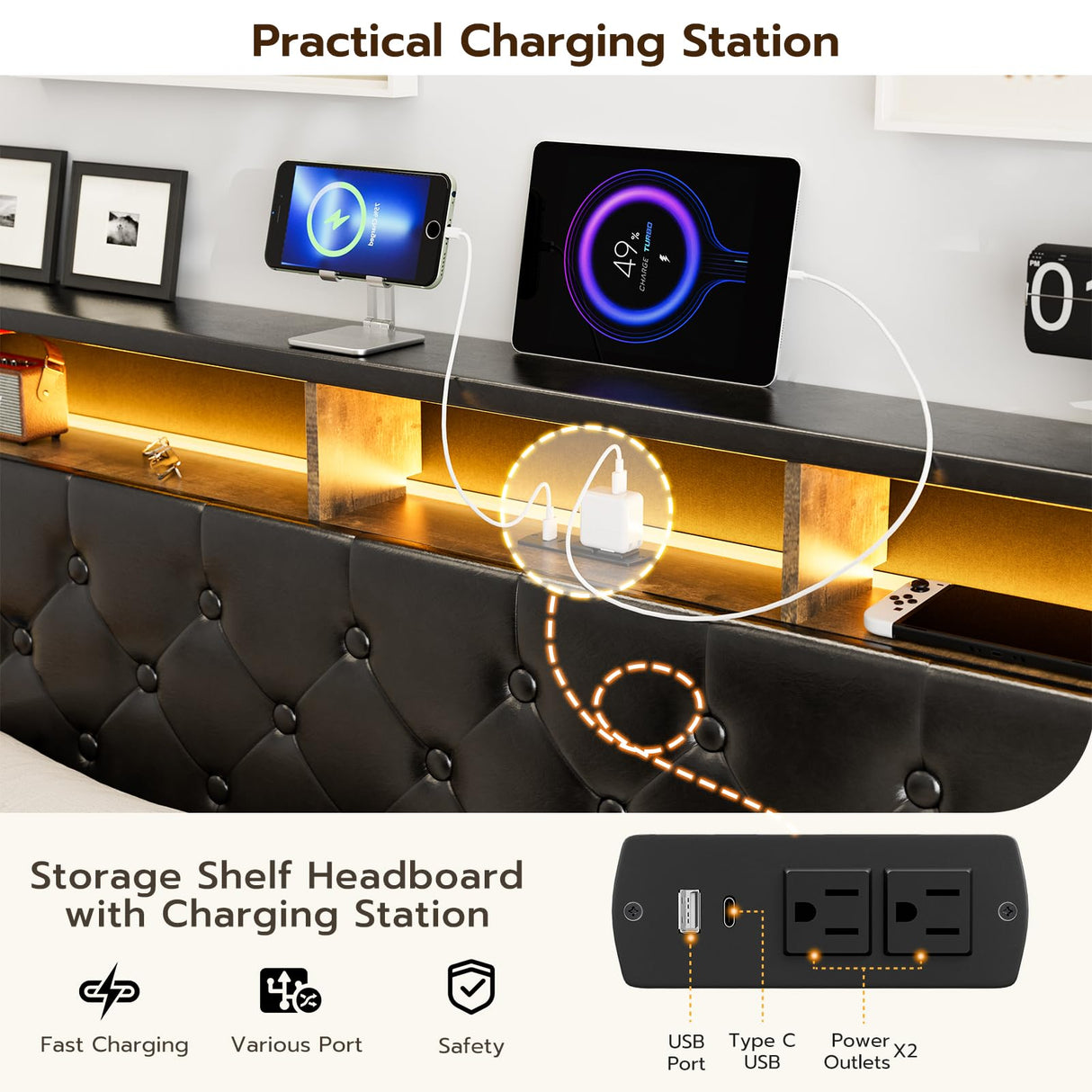 IKIFLY King Size Upholstered Bed Frame with Charging Station, 4 Storage Drawers & LED Lights IKIFLY