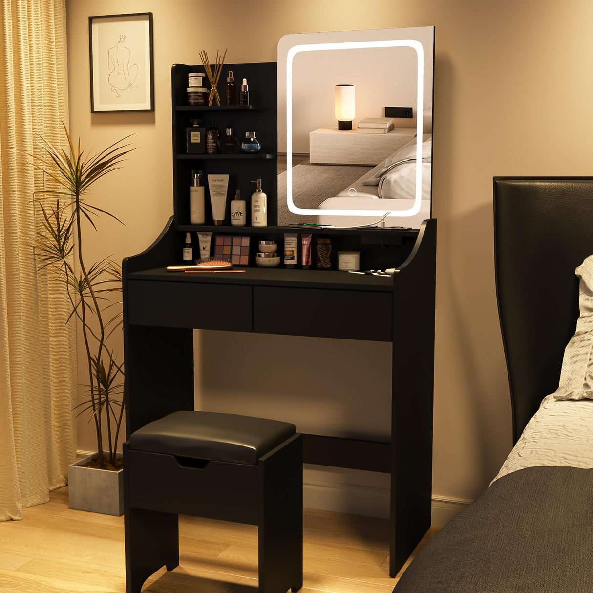 Vabches Vanity Desk with LED Light Mirror and Charging Station, Small Cute Vanity Set with 4 Storage Shelves 2 Drawers, Vanity for Girls Women with Storage Stool, Vanity Table for Bedroom (Black) Vabches