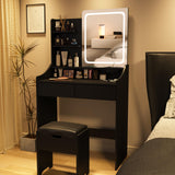 Vabches Vanity Desk with LED Light Mirror and Charging Station, Small Cute Vanity Set with 4 Storage Shelves 2 Drawers, Vanity for Girls Women with Storage Stool, Vanity Table for Bedroom (Black) Vabches