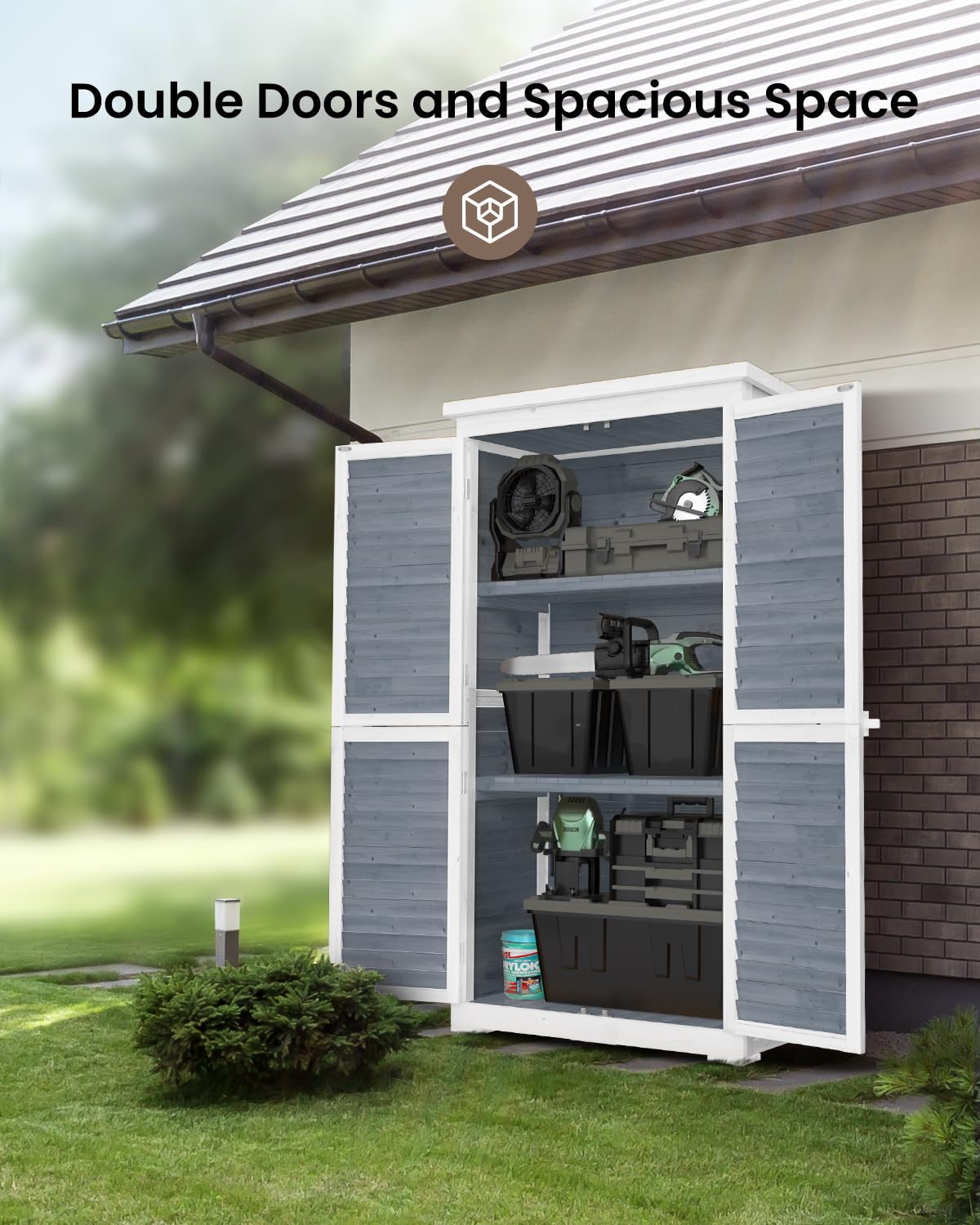 Bealife 63.2" Outdoor Storage Cabinet with Double Doors, Lockable Vertical Storage Shed with 3 Shelves Organizer, Waterproof Fir Wood Tool Closet Shed for Garden, Backyard, Patio, and Lawn -Grey Bealife