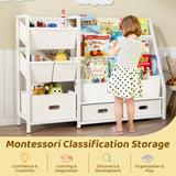 KIDINIX 3 Tier Kids Bookshelf and Toy Storage - Sling Book Shelf with Toy Organizer, Montessori Toddler Bookcase with 6 Toy Bins, for Playroom, Children Room, Nursery, Classroom, White KIDINIX